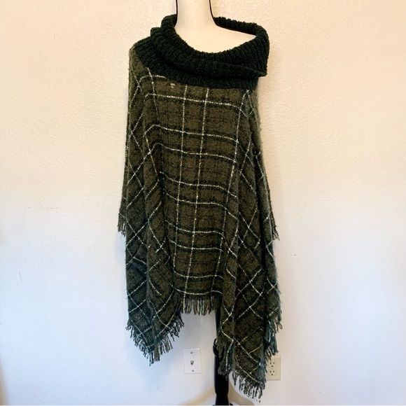 Torrid Plaid Fuzzy Knit Poncho Cowl Neck Olive Green Plaid One Size Plus Size - Picture 2 of 16